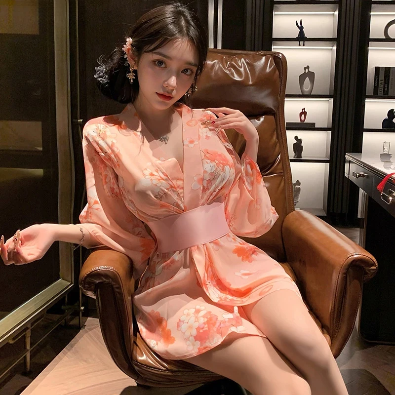 

Japanese Fashion Sweet Kimono Robe Lingerie Dress Sexy Nightgowns Women Bow Kawaii Printing Bathrobe Pajamas Home Clothes Pink