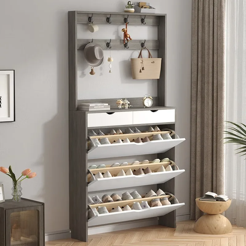 

Solid wood tipping bucket shoe cabinet, with hanger, household door into the account entrance cabinet integrated