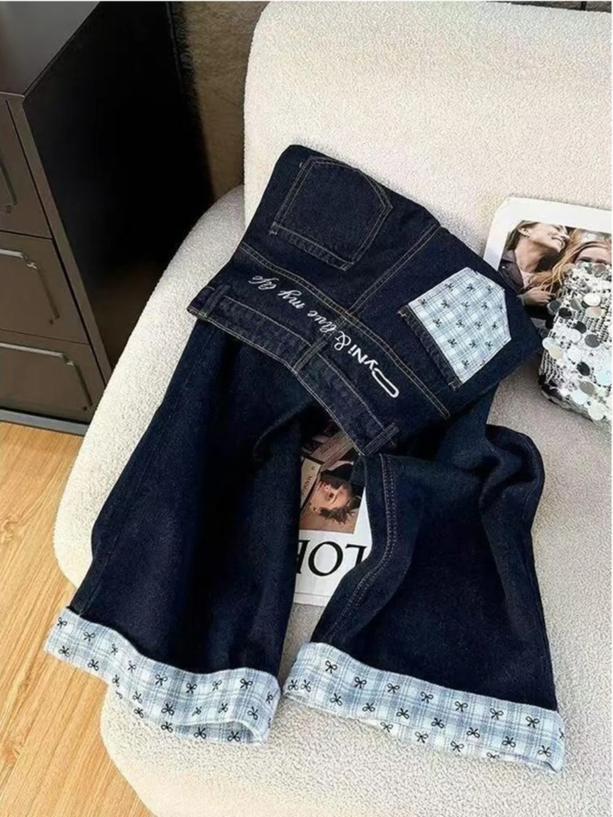 

Retro Korean Design Knot Plaid Splicing Jeans Women's Straight Leg Floor-Length Pants Spring Autumn Trendy High Waist