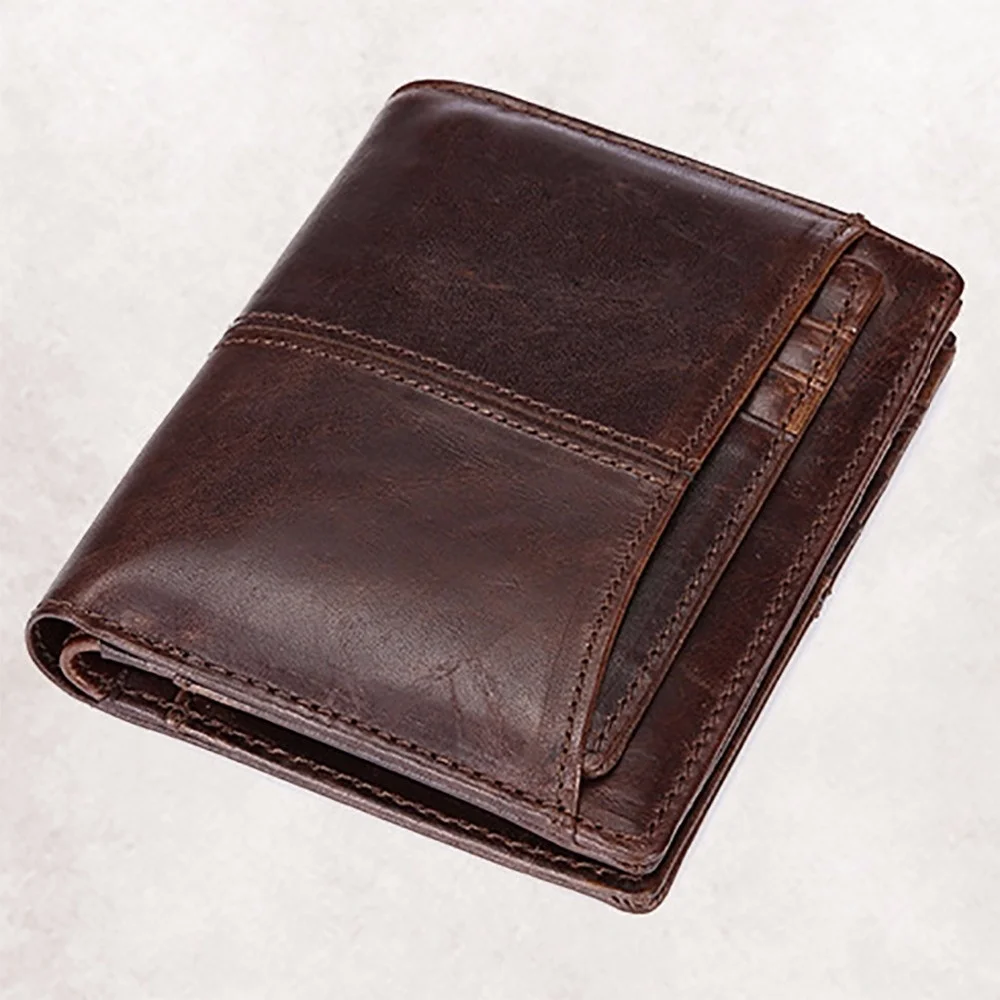 

Genuine Leather Men Short Wallet Small Clutch Money Bag Coin Pocket ID Credit Card Holder Male Oil Wax Cowhide Bifold Purse