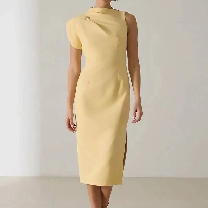 Abito primaverile girocollo con spacco laterale cavo Boho elegante da ufficio da donna solido dritto da festa donna aderente aderente sui fianchi Mujer