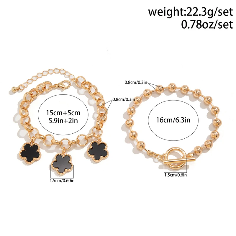 Trendy Geometric Link Chain Bracelet Set For Women Rhinestones Gold Color Five leaf flower clover Pendant Open Cuff Bangle Girls