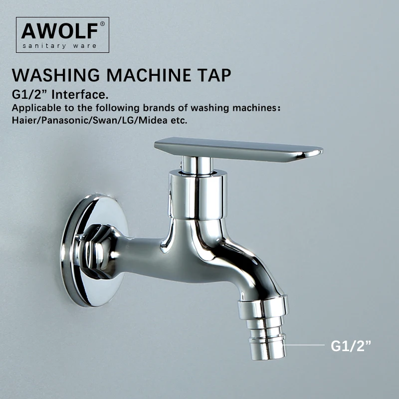 Awolf Chrome Washing Machine Tap 1/2 Solid Brass Wall Mounted Mop Pool Tap Bathroom Shiny Silver Bibcocks Garden Faucet AF6151