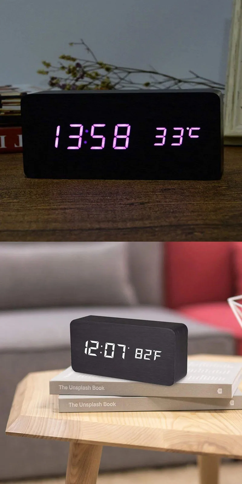Digitaler Wecker aus Holz, LED-Wecker mit Temperatur-Schreibtischuhren für Büro, Nachttischuhr – Detail 11