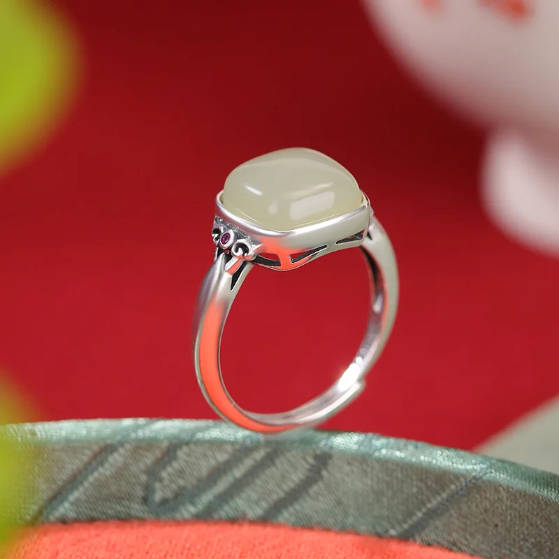 Natural Hetian S925 Sterling Silver Jade Ruyi Sugar Cube Geometric Style Ring