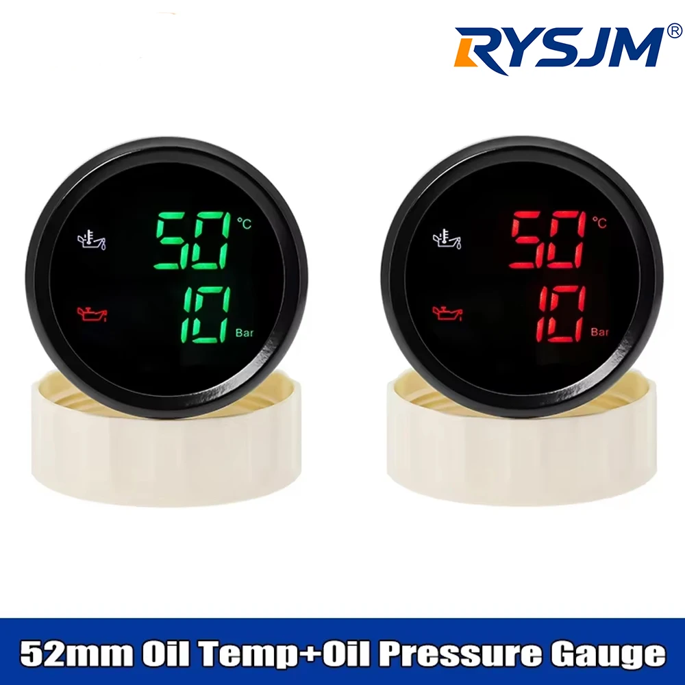 52mm 2 IN 1 50~150 Celsius Oil Temperature Meter+Oil Pressure Gauge 0-10 Bar with Alarm Car Gauge for Boat Auto Car 12V 24V