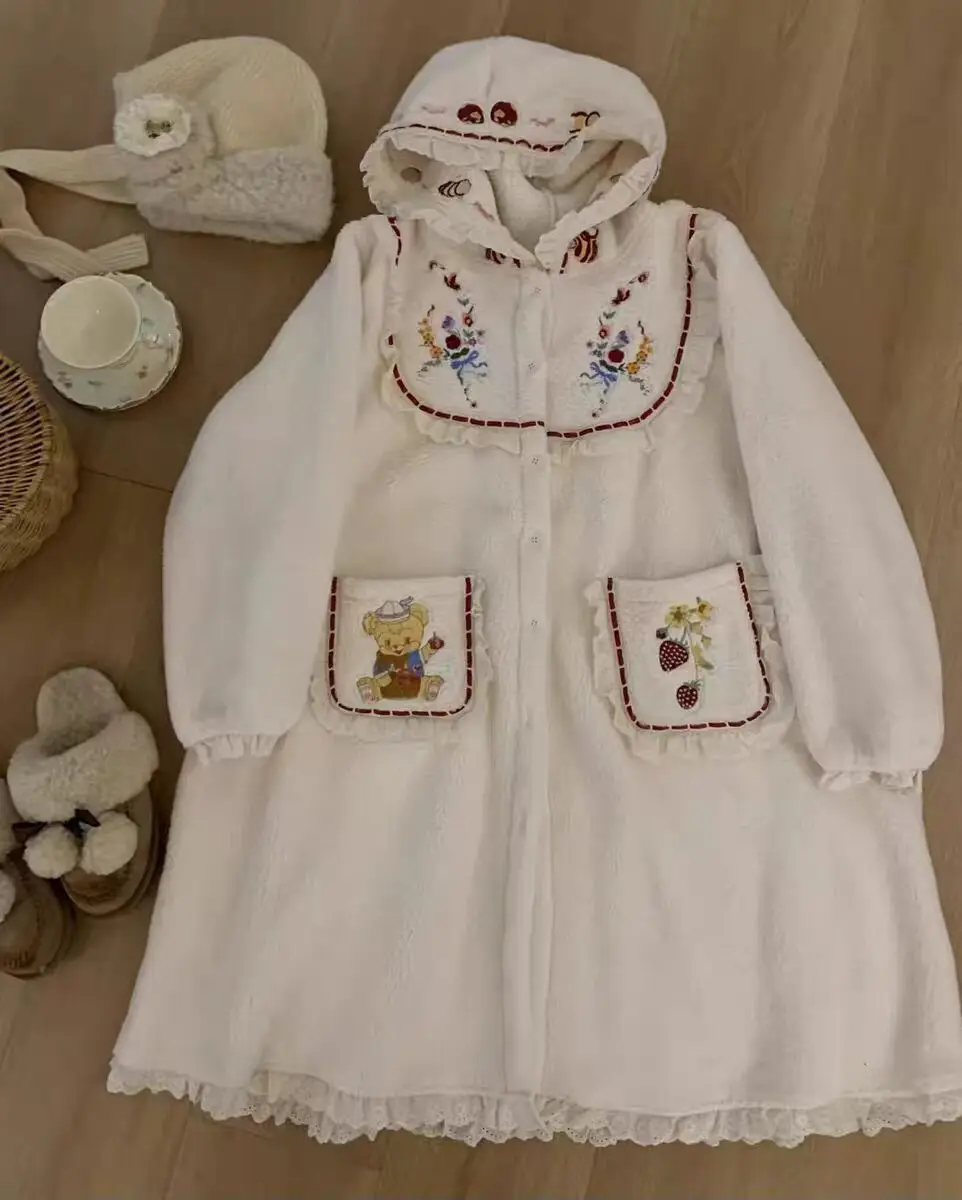 

Mori Girls Winter Lolita Long Parkas Soft Japanese Cute Girl Sweet Embroidery Hooded Overcoat Women's Retro Down Parka