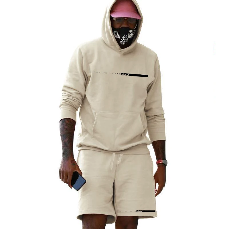 

Autumn Men's 100% Cotton Casual Loose Version Large Letter Printed Hoodie Shorts Two-piece Set High Street Neutral Style