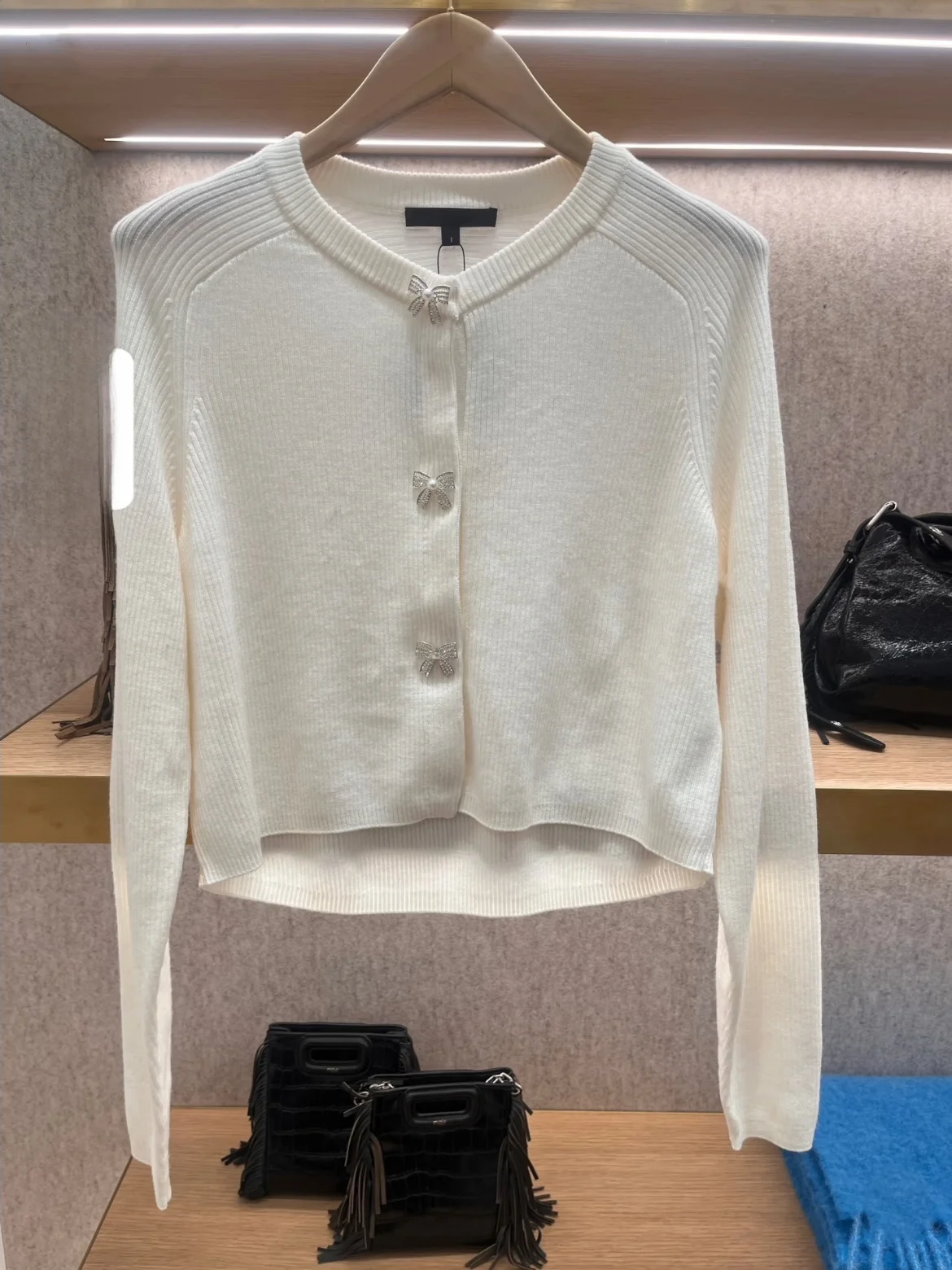 

Soft Short Knitted Sweater with Knot in Gentle Beige Wool Blend Fabric Women's Open Cardigan Style Winter 2025 Coll...