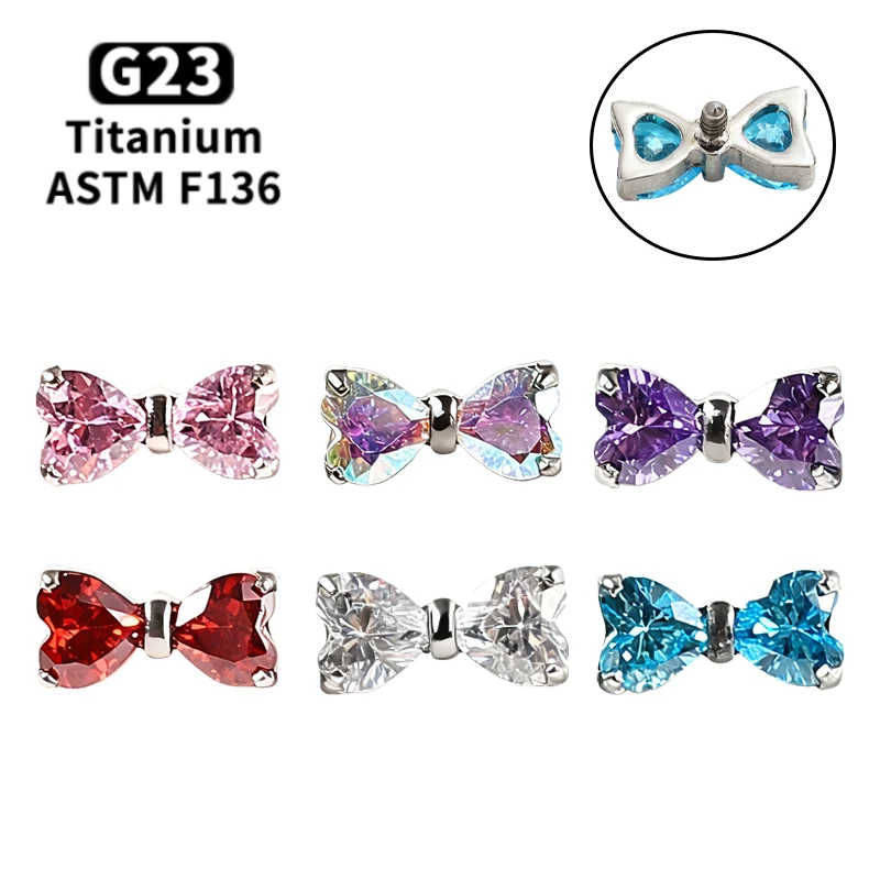 

ASTM F136 Titanium Double Heart Bow Labret Piercing 16G Zirconia Lip Stud Tragus Helix Cartilage Earrings Nose Piercing Jewelry