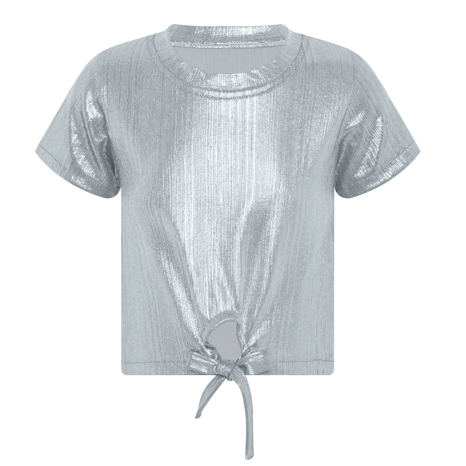 Kids Girls T-shirt Hip-Hop Jazz Dance Tops Metallic Short Sleeve Lace-up Keyhole Hem Shirts for Street Dance Performance Costume