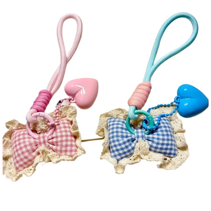 새로운 달콤한 활 플러시 장난감 키 체인 소녀 배낭 귀여운 펜던트 하트 모양의 그리드 Pp 코튼 자동차 교수형 장식 크리스마스 선물