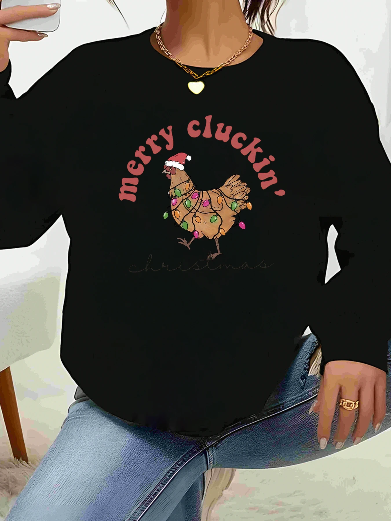 

Рождественский топ с длинными рукавами и принтом курицы Merry Cluckin, праздничная повседневная одежда для женщин