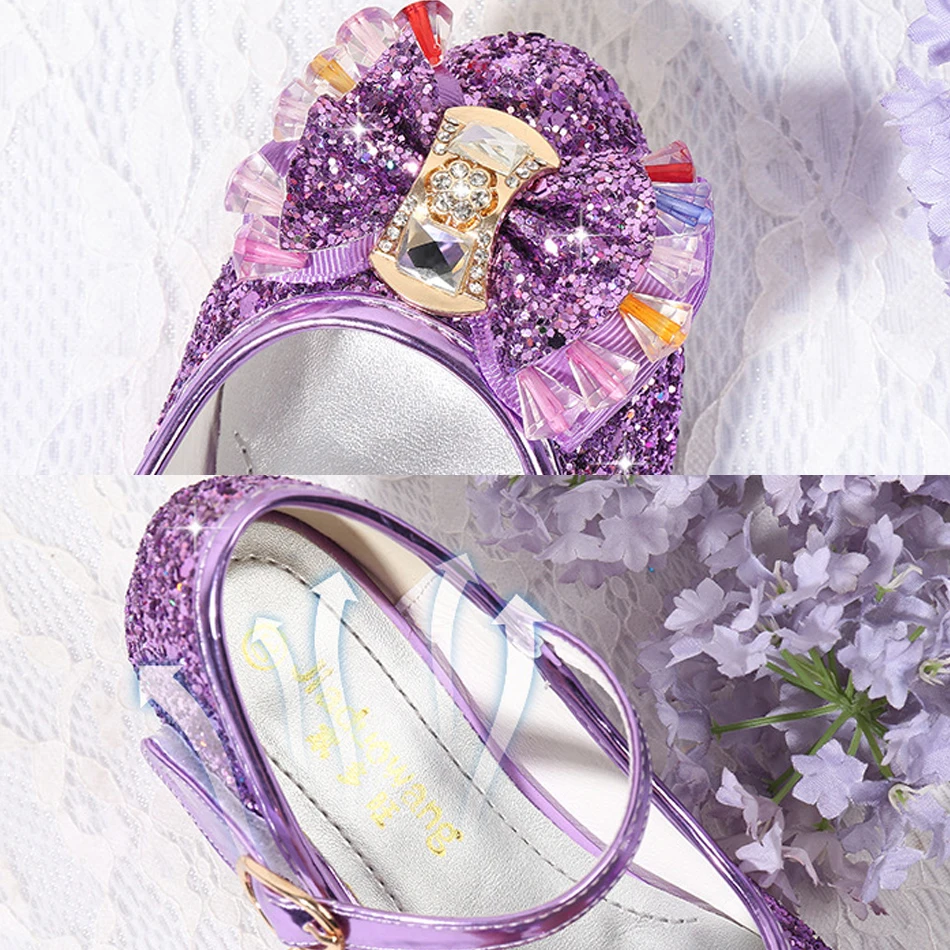 Children Glitter Crystal Sandals Girls High Heels Fashion Princess Leather Shoes Kids Dance Party Performance Birthday Shoes