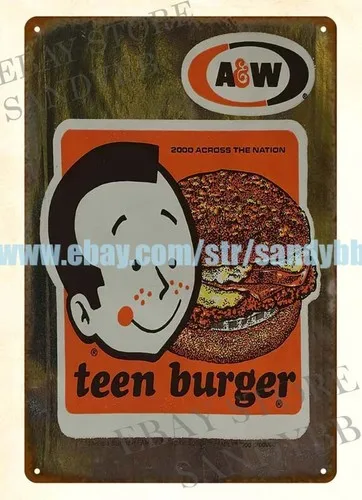 1970S A&W ROOT BEER DRIVE-IN RESTAURANT TEEN BURGER metal tin sign old signs