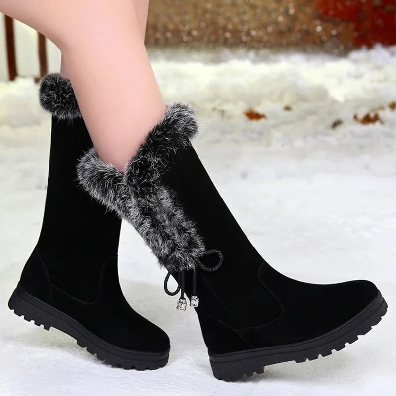 Winter Snow Boots Womens Thickened Medium Tube Boots Non-slip Warm Flat Bottom Side Zipper Large Size Cotton Shoes Women's shoes