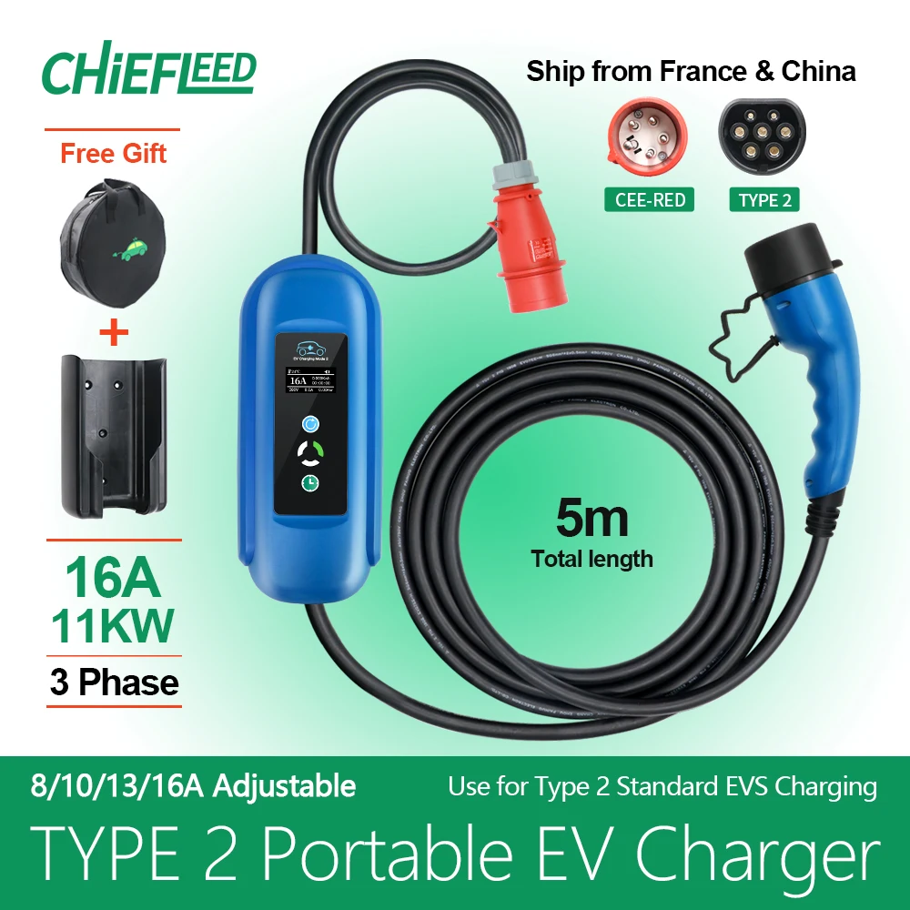 Chiefleed 16A 11KW Portable EV Charger Wallbox Type 2 IEC-62169 Standard Charging Timer For Eletric Vehicle Hybrid Cars Cable 5M