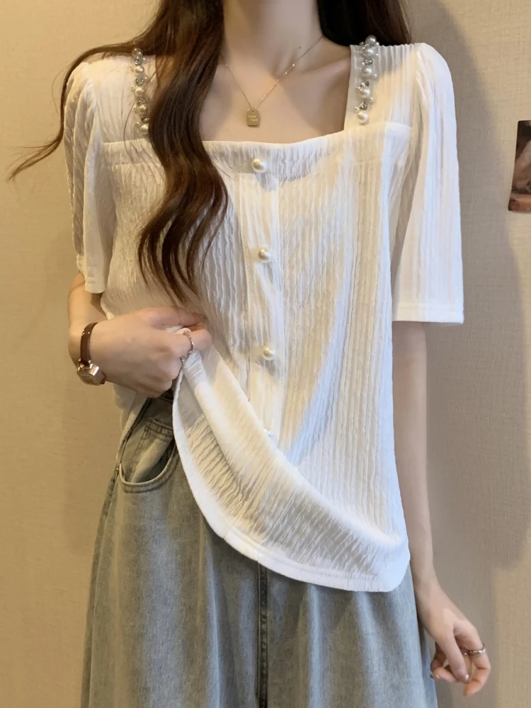 Summer Women's Short Sleeve T-Shirt Shoulder Width Regular Square Collar Slimming Base Layer Top Large Size Cover Belly