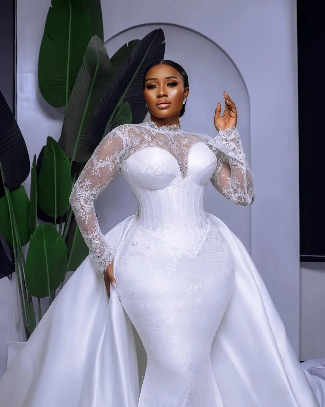 تخصيص زائد حجم فستان الزفاف حورية البحر للعروس انفصال قطار فساتين الزفاف الأفريقية عالية مطرز الدانتيل الأكمام الطويلة #3