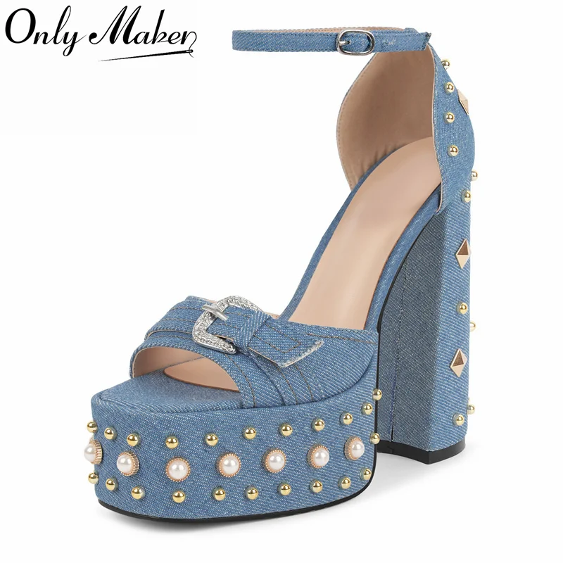 

Onlymaker Women Double Platform Square Open Toe Rivet Sandals Strap Buckle Chunky Cover Heel Gladiator Sandals