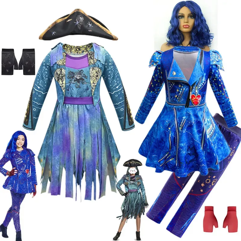 Новинка 2025 года, детский костюм для косплея из фильма D-Descendants 3 Mal Evil Pirates Uma для девочек, платье для косплея, парик, нарядное платье для зала ★ ★