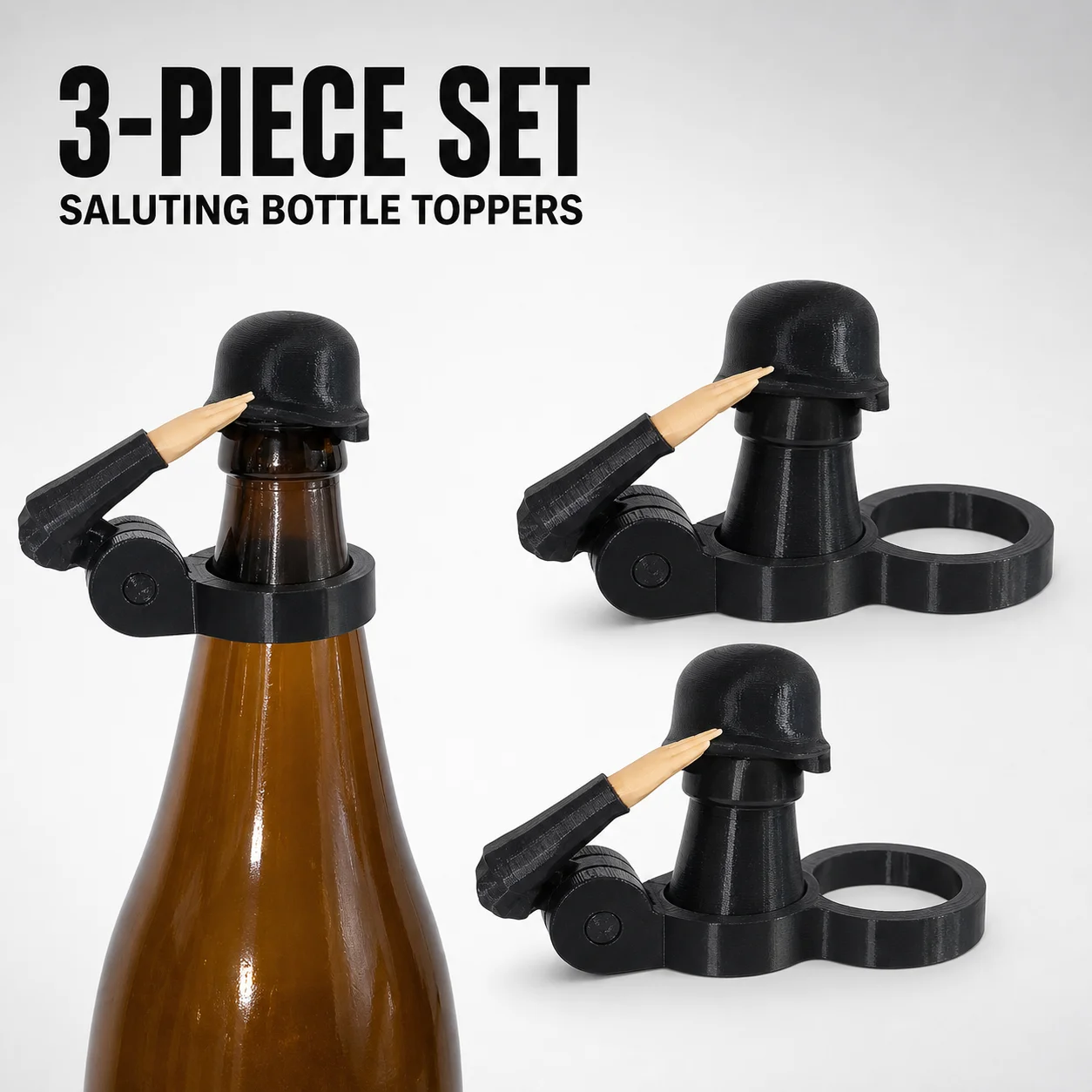 Image of 3-teiliges Set Schwarze Salutierende Soldaten-Bierflaschenverschlüsse Helm-Staubschutzkappe Neuartiges Bar-Party-Geschenk Wiederverwendbare Flaschenhalsabdeckungen