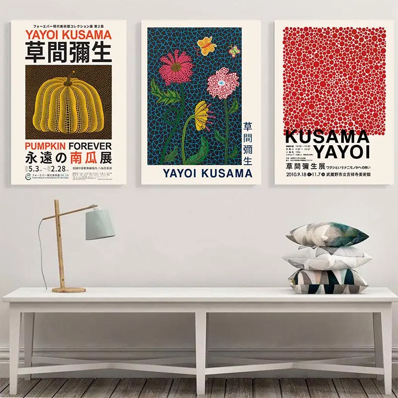 3pcs Yayoi Kusama Pumpkin Museum Posters with Framed Gallery Wall Art Abstract Canvas Painting Nordic Pictures Room Home Decor