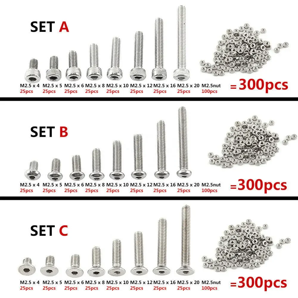 300 Stück M2,5 (2,5 mm) Edelstahl-Schrauben mit Sechskantmuttern, Sortiment – Detail 1