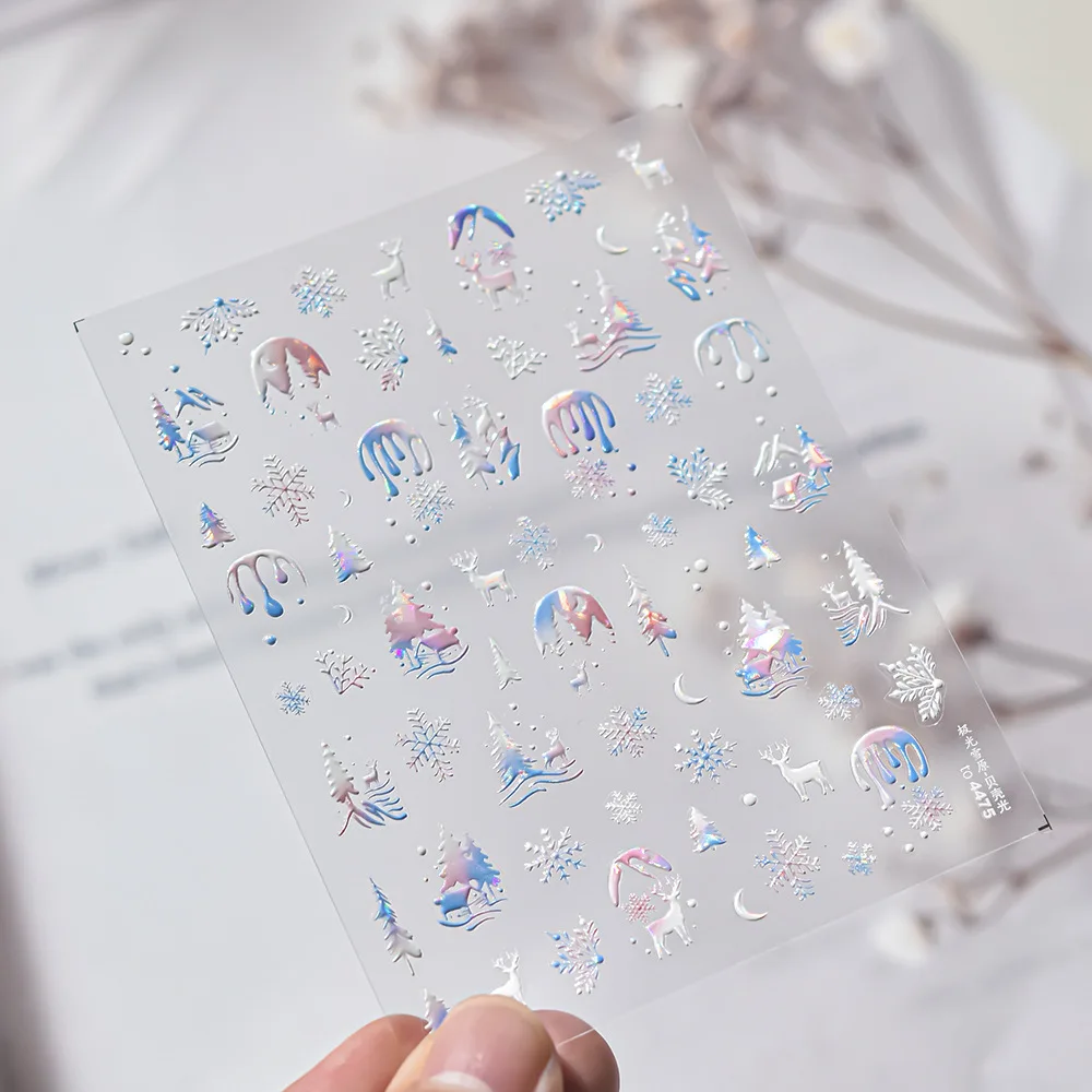 1 stks Blauwe Kerst Nagelstickers Shell Licht Nail Art Decoratie Stickers Gemengde Aurora Sneeuwveld Elanden Lijm Slider Leuke Onderdelen