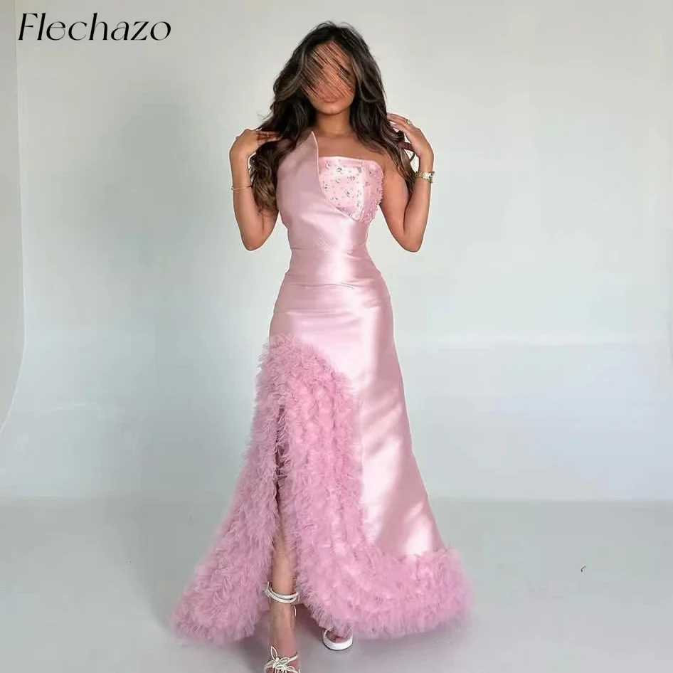 

Flechazo Baby Pink Satin Prom Dresses Strapless Tiered Beads Slit Elegant Formal Party Dress For Women 2024 vestidos de noche