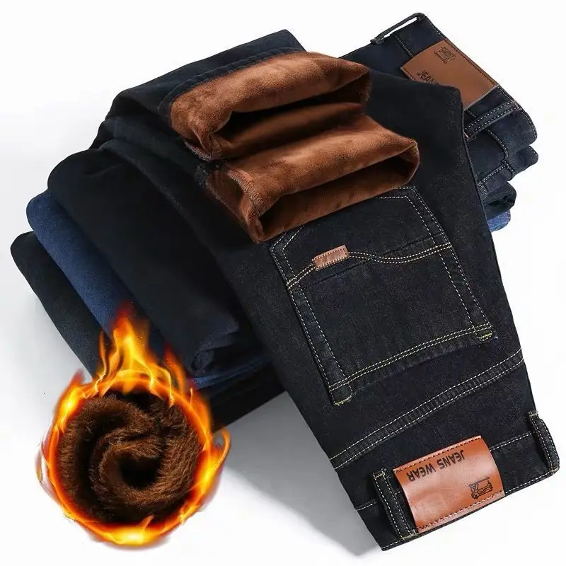 2024 Winter Men's fleece-lined Thickened Jeans Autumn Men's High Waist Elastic High-end Straight