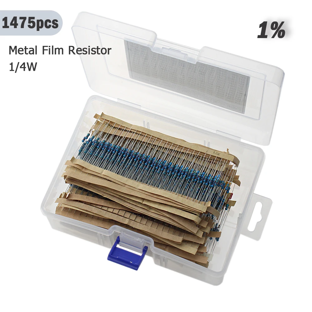 

1475 шт., 52 значений, комплект металлопленочных резисторов 1/4 Вт, 1%, 0 Ом-5,6 М Ом с выпрямительными диодами 1N4148, смешанный комплект