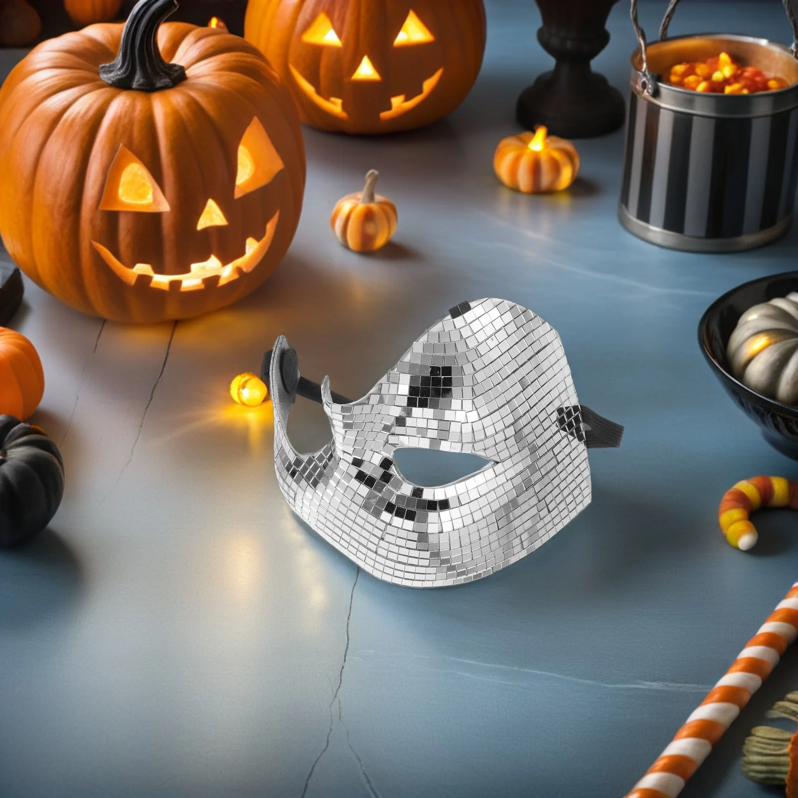 

2Pcs Halloween Disco Ball Glitter Half Face Mask Reflective Party Costume Carnival Dance Mirror Mask