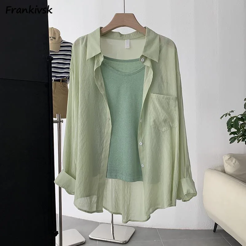 Women Shirts Sun-proof Long Sleeve All-match Casual Lightweight Korean Style Single Breasted Loose Summer Solid Colors Female