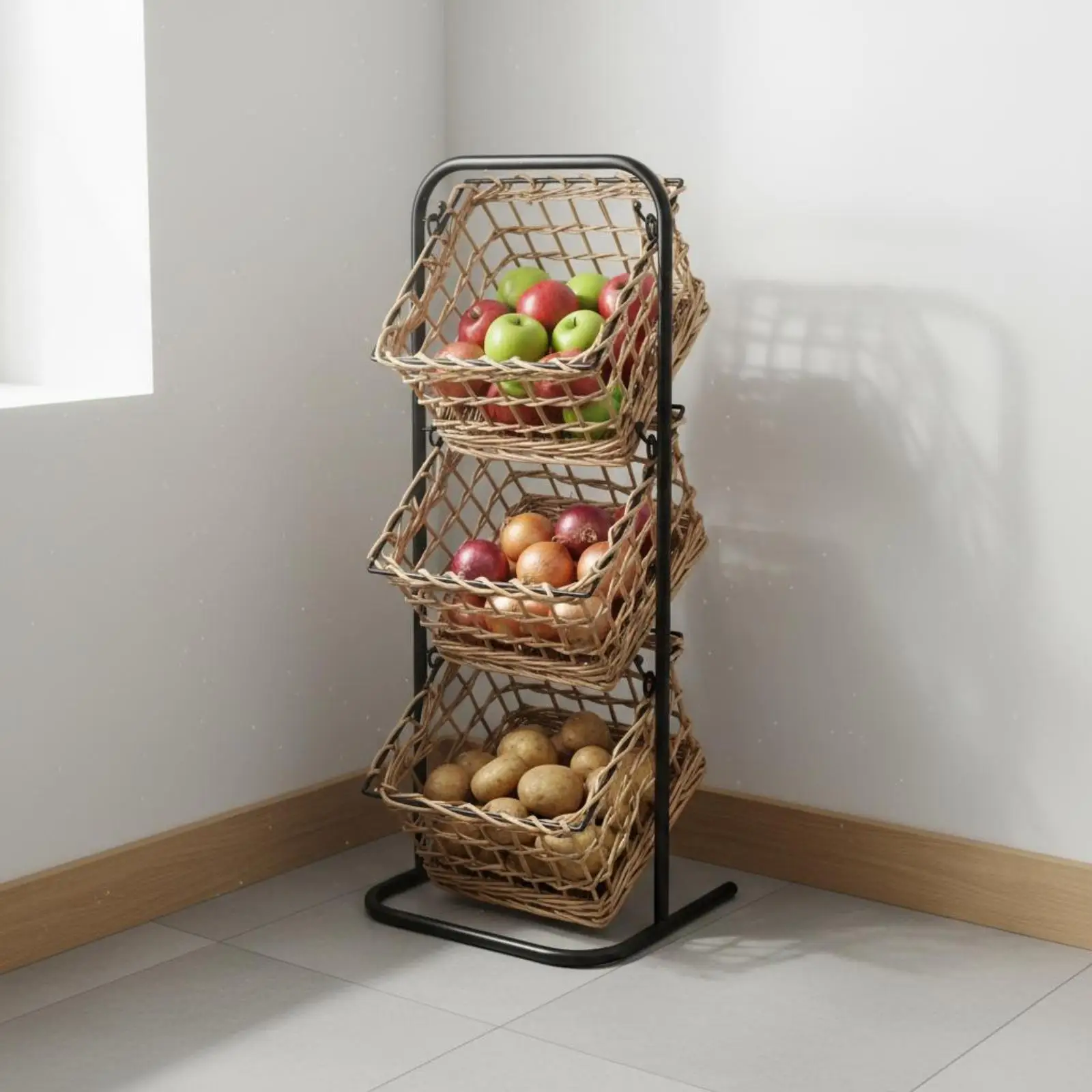 Wicker Basket Stand Space-Saving Standing Snack Organizer Sturdy Construction