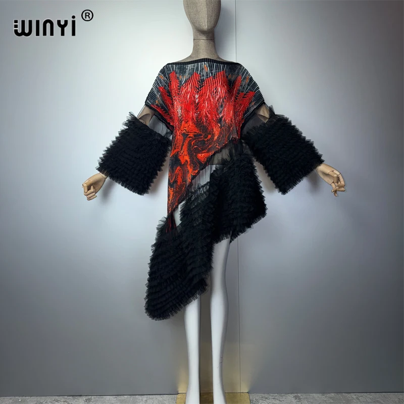WINYI Unregelmäßiges Kaftan-Kleid im Dubai-Stil, Plissiert mit Elastischen Puffärmeln, Strandkleid, Luxuriöses Party- und Abendkleid für den Urlaub – Detail 3