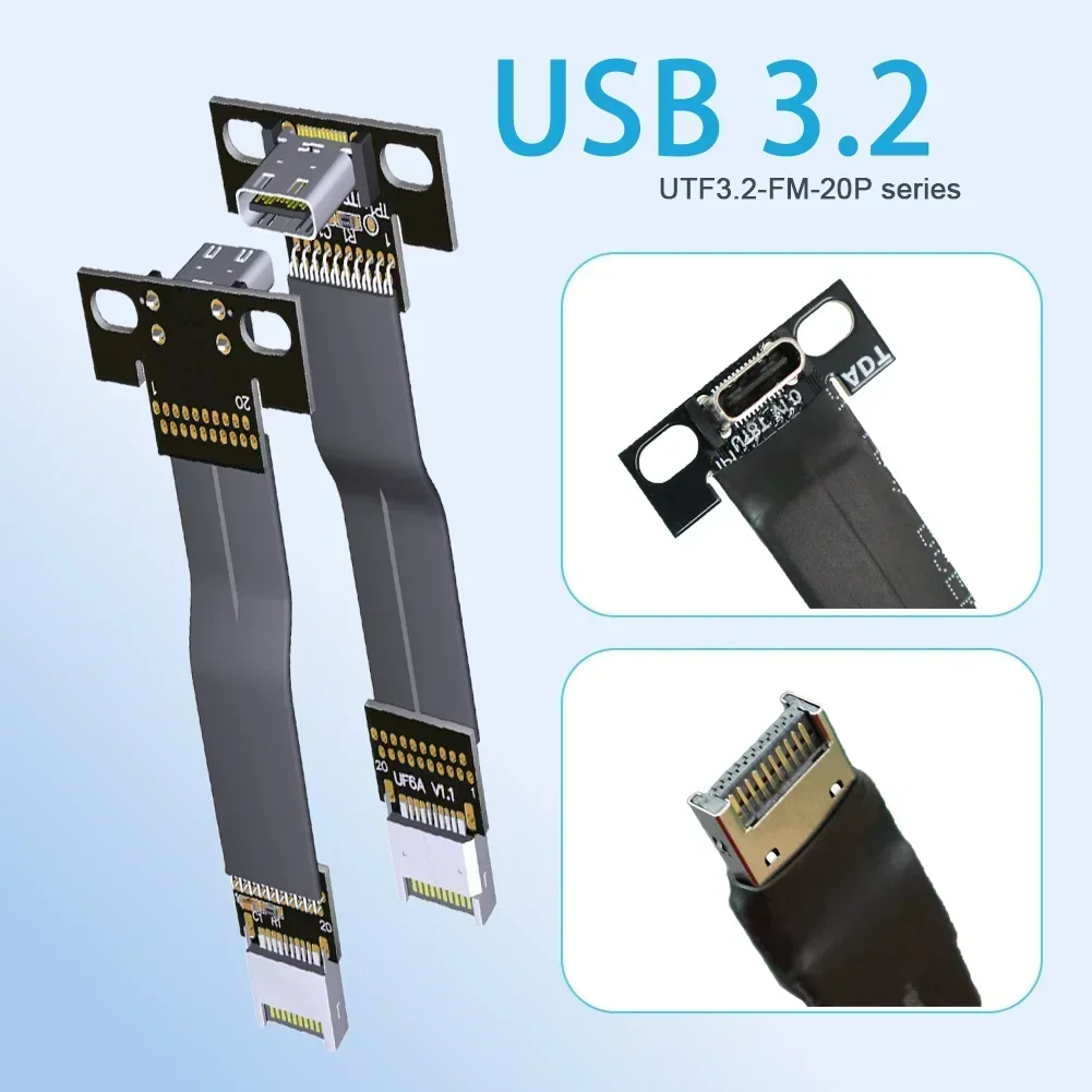 20G USB 3.2 Gen 2 Type C Female To Type E Male 20P Shielded Flat Ribbon Cable Adapter ITX ATX Motherboard Extender w Screw Holes