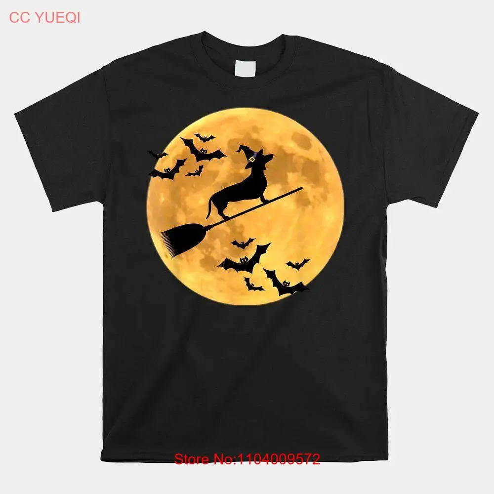 Dachshund Witch Dog Halloween Moon Broomstick Broom T-shirt Size S-5XL