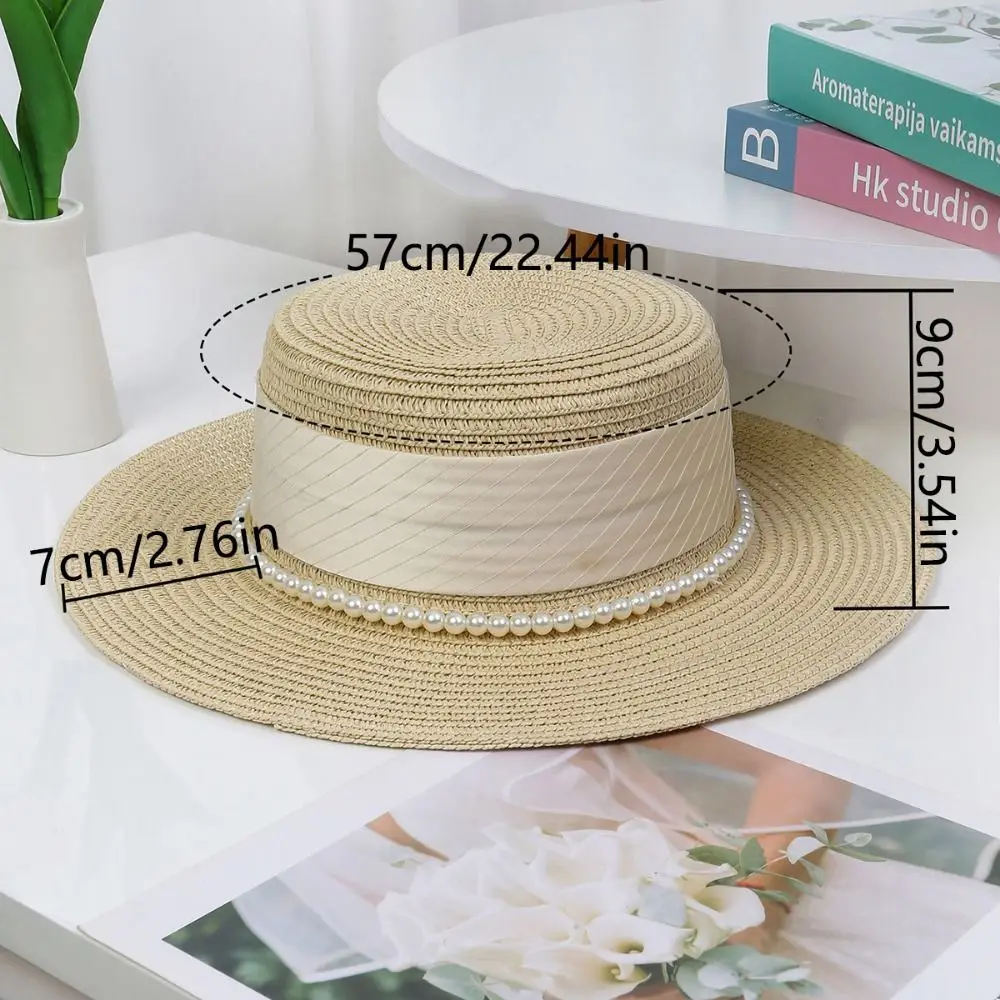 قبعة من القش ذات حافة واسعة للحماية من الأشعة فوق البنفسجية، سلسلة لؤلؤية، قبعة شمسية مسطحة قابلة للتنفس، مريحة في الارتداء، قبعة صياد نسائية خفيفة الوزن