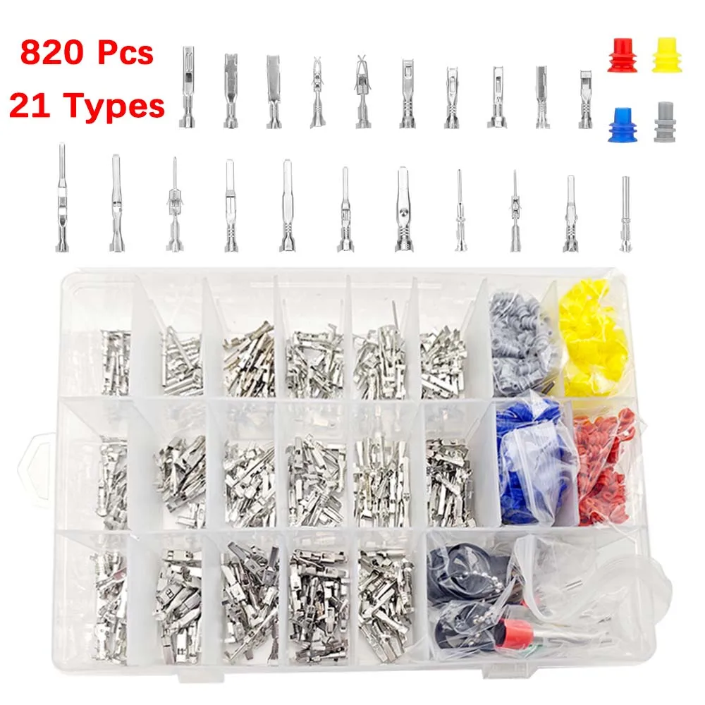 820pcs Connector Pins Terminal,21 Types Car Electrical Wire Terminal 1/1.5/1.8/2.2/2.8/3.5mm Removal Male Female Crimp Pin Plug