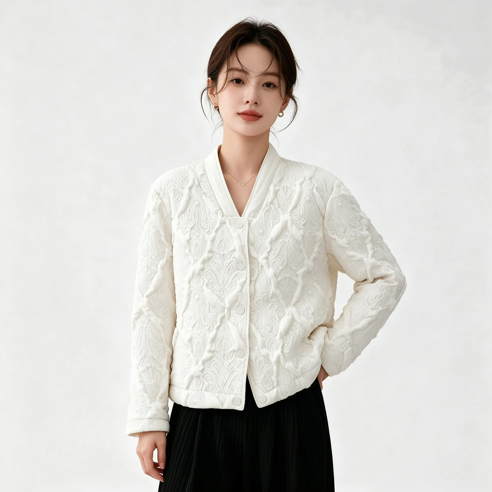Miyake Women Embossed Jacquard Padded Jacket, V Neck Long Sleeve Loose Lightweight Warm Quilted Coat