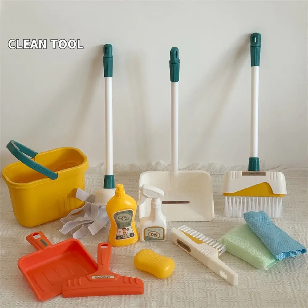 12 pçs/set crianças conjunto de limpeza kit suprimentos para trabalho doméstico com pá vassoura balde mop conjunto limpeza jogar casa brinquedos para meninos e meninas