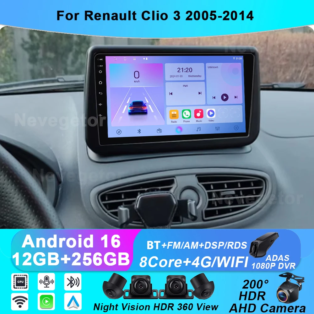 Autoradio Android 4+128G Per Renault Clio 3 (2005-2014) – Schermo 9'' Incell, Carplay Wireless, GPS E Retrocamera
