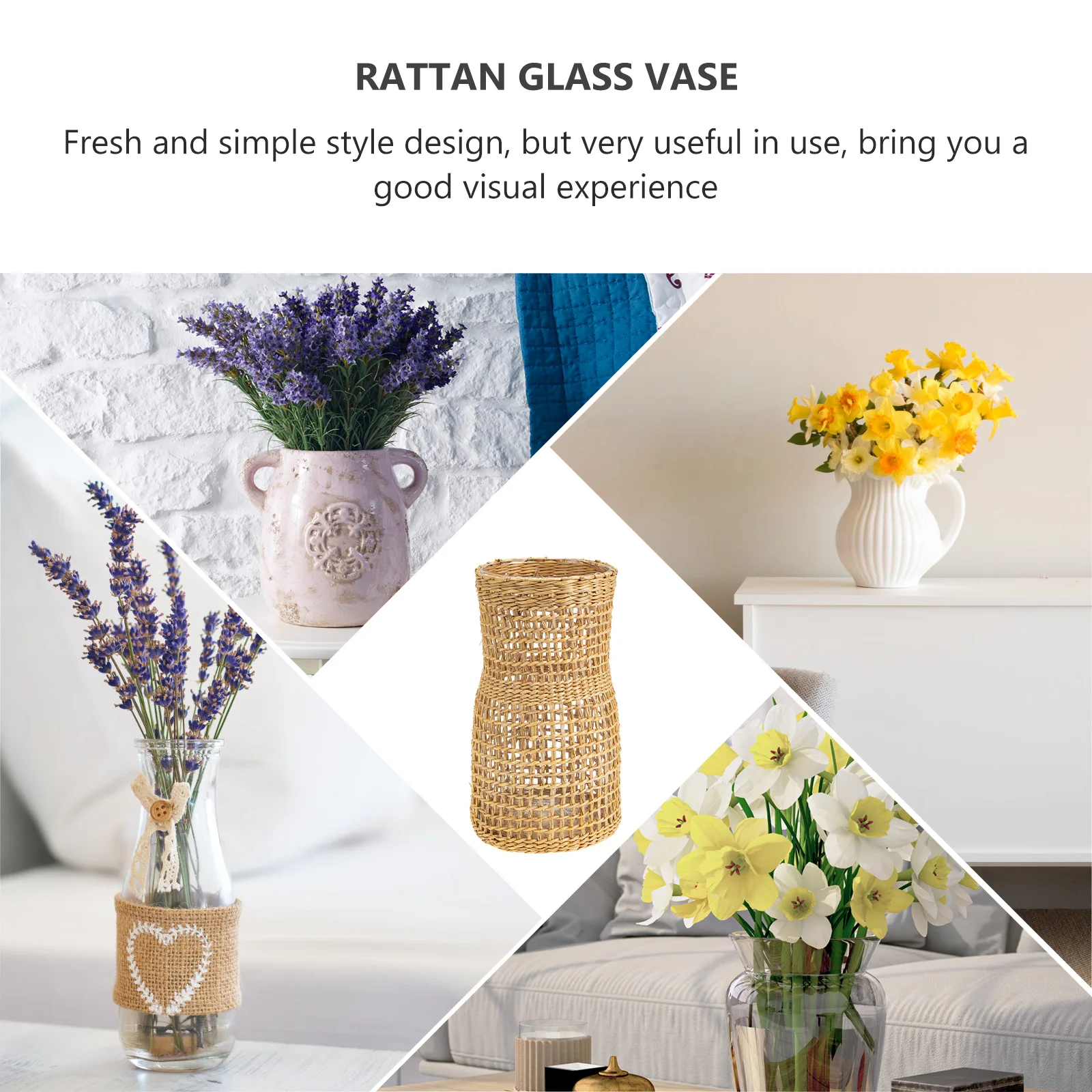 

Premium Rattan Flower Vase Glass with Woven Cover Office Decor Stylish Hydroponics Container for Fresh Dry Flowers