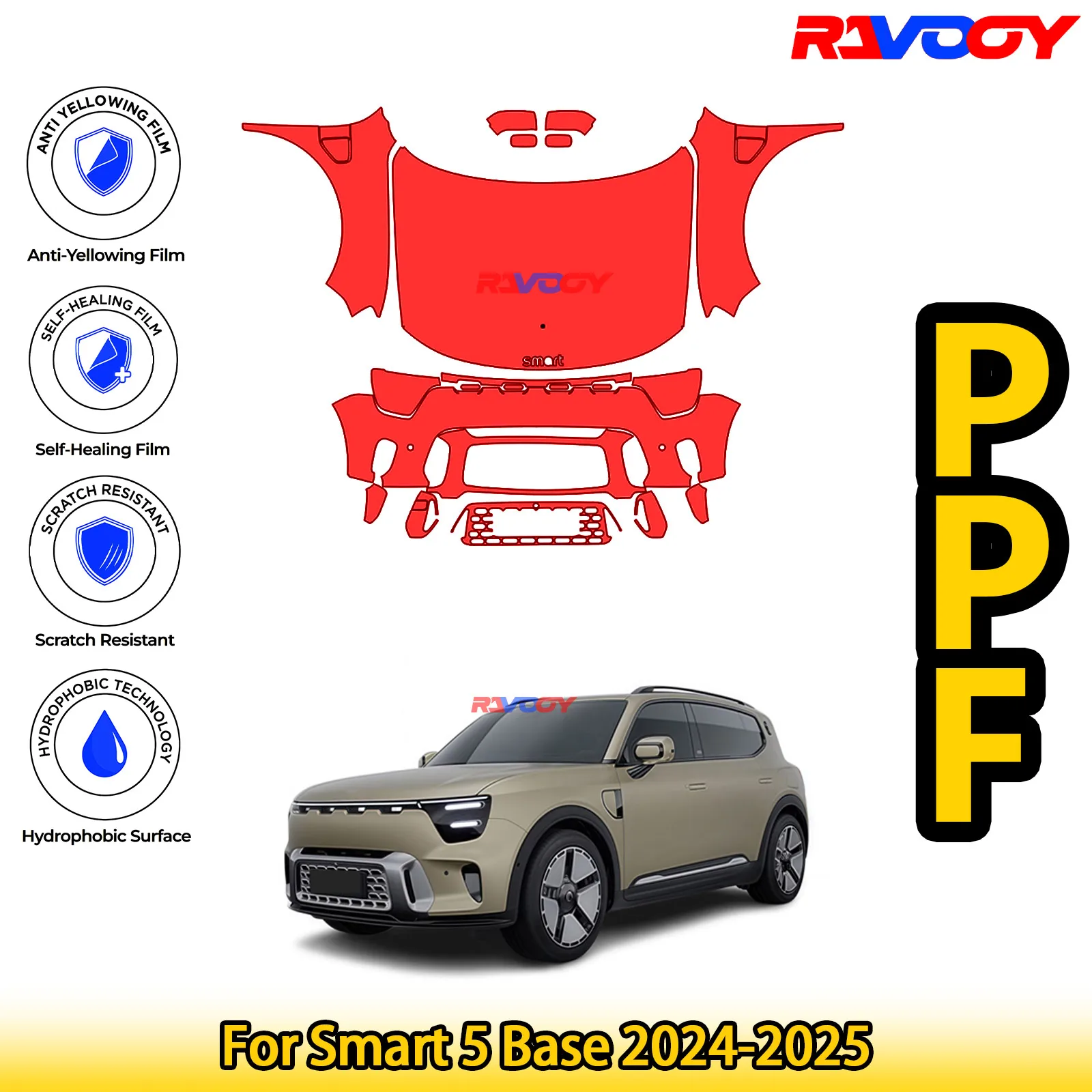 For Smart 5 Base 2024-2026 Glossy Matte Black Precut Front PPF Kit Paint Protection Film 8.5mil Clear Bra Self-Healing TPU