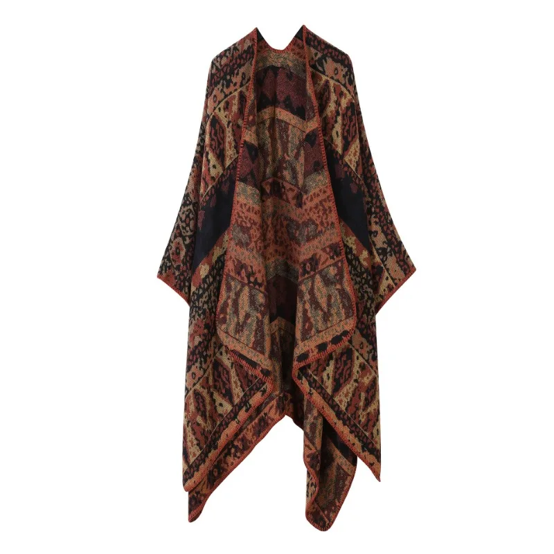 Vintage Ethnic Jacket Cape for Men and Women Split Shawl Top Imitation Cashmere Poncho Thickened Warm Cloak Coat Autumn Winter