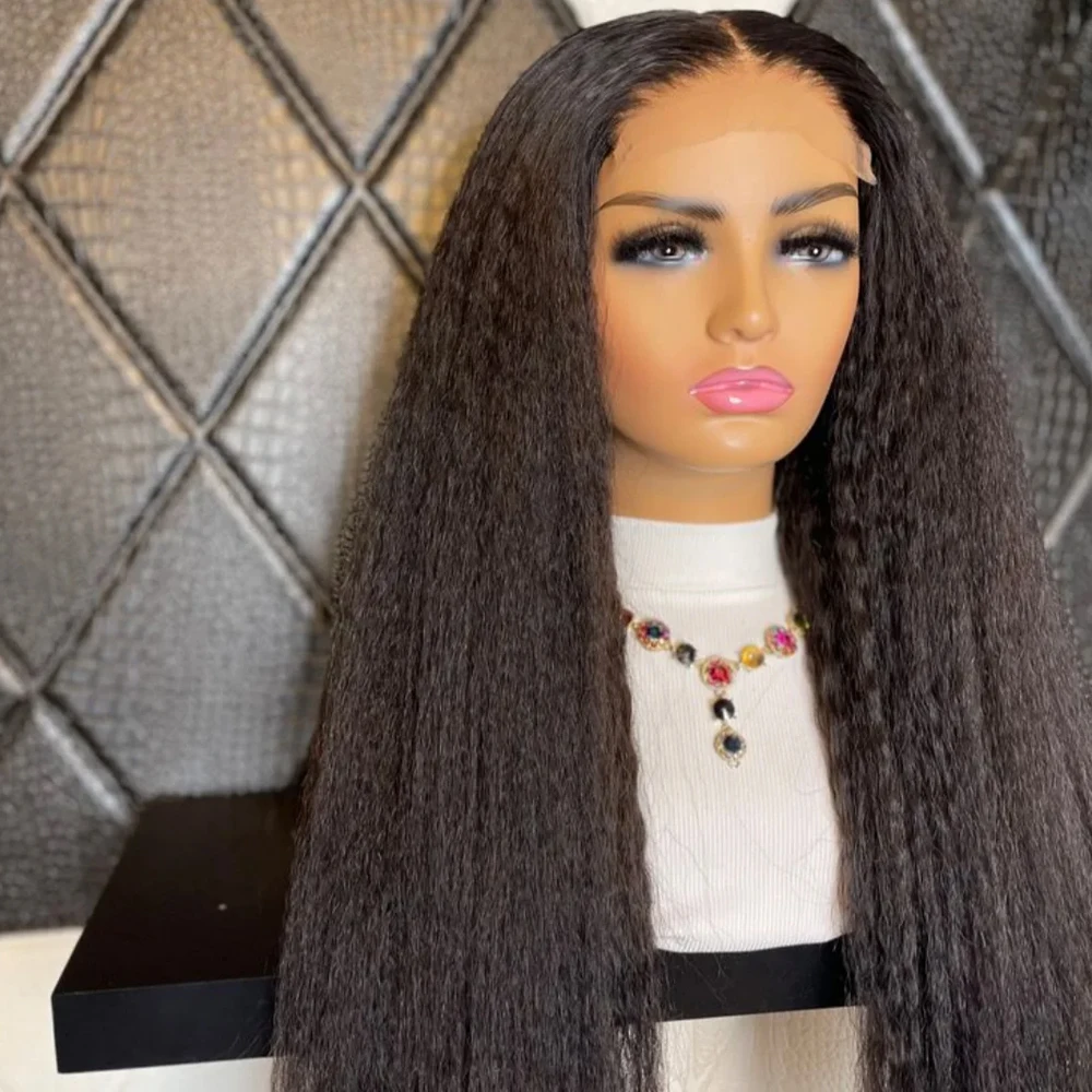 

Long Black Kinky Straight 26Inch Yaki 180Density Glueless Synthetic 13*4 Lace Front Wig For Women Babyhair PrePlucked Daily