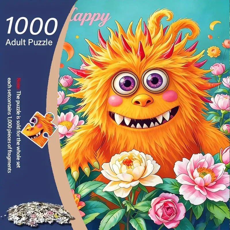 Rompecabezas Happy Orange Monster de 1000 piezas con monstruos naranjas y fondo verde azulado - Imagen adecuada para familias, s, jugadores -