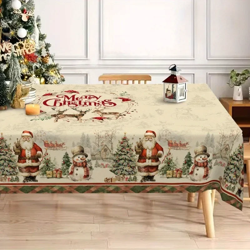 2025 New Christmas Tablecloth with Snowman and Deer Print Restaurant Tablecloth Rectangular Dustproof and Beautifying Decoration
