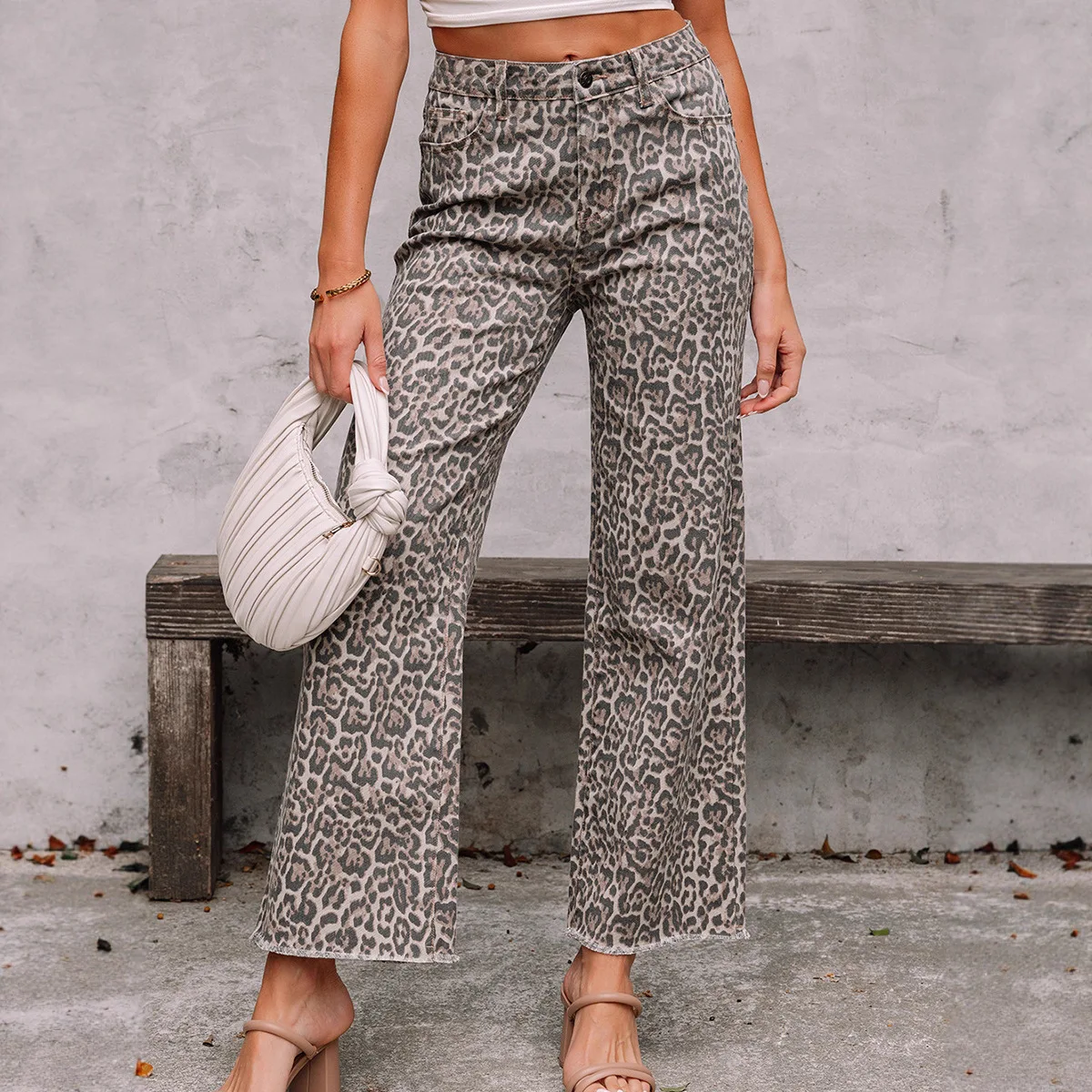 

Summer New High-Waisted Frayed Jeans for Women Leopard Print Straight-Leg Long Pants